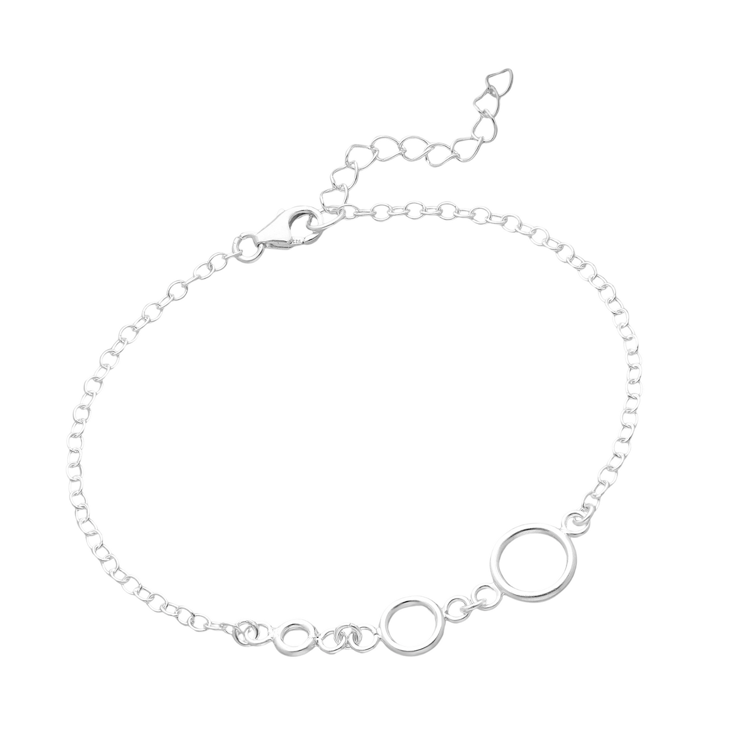 Sterling silver open circle station bracelet on an adjustable cable chain, polished minimalist women’s jewellery.