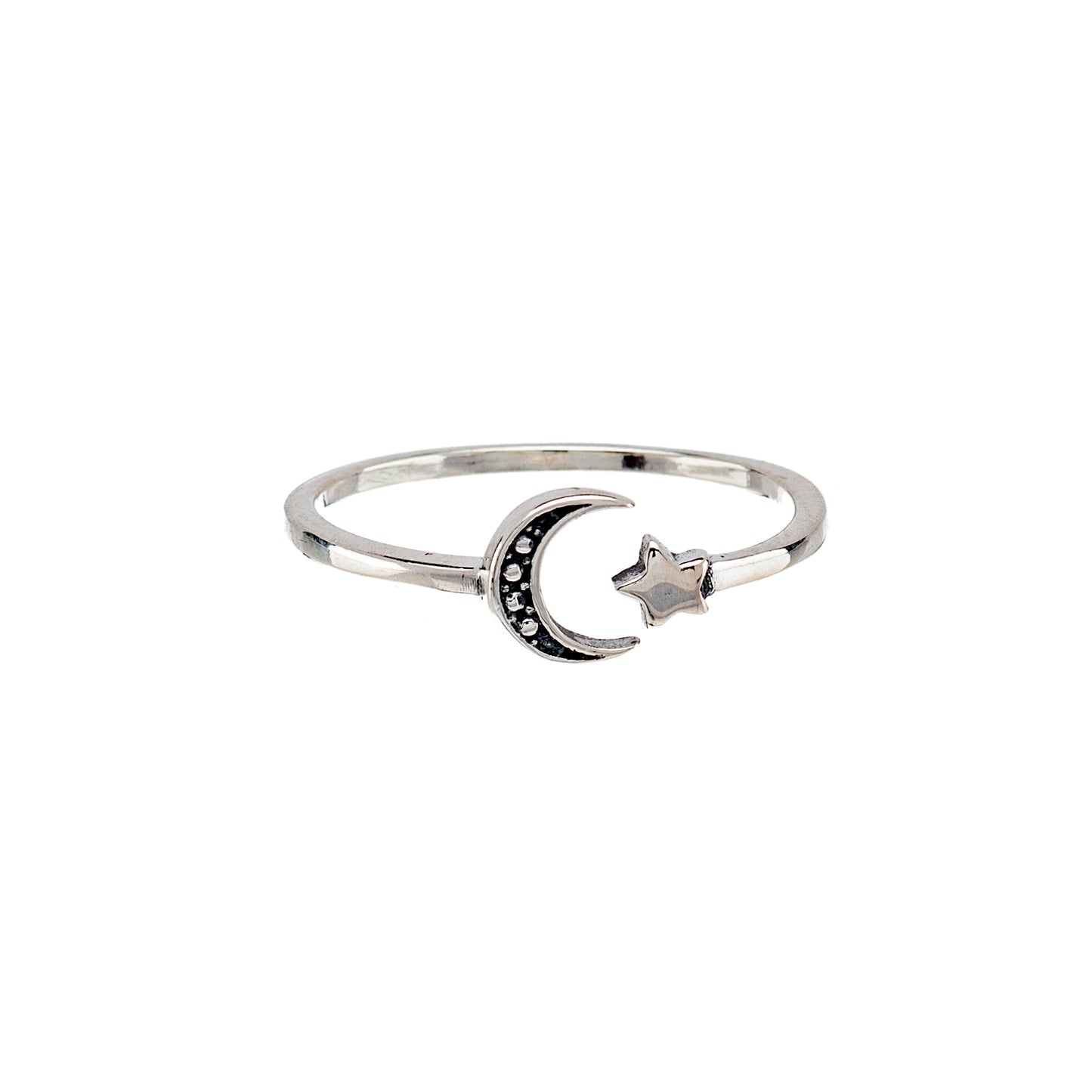 Sterling Silver Oxidized Moon & Star Ring