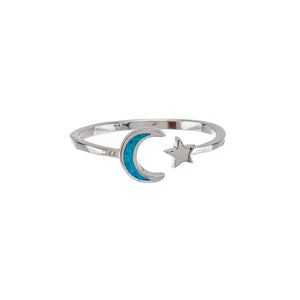 Blue Fire Opal & Sterling Silver Moon & Star Ring