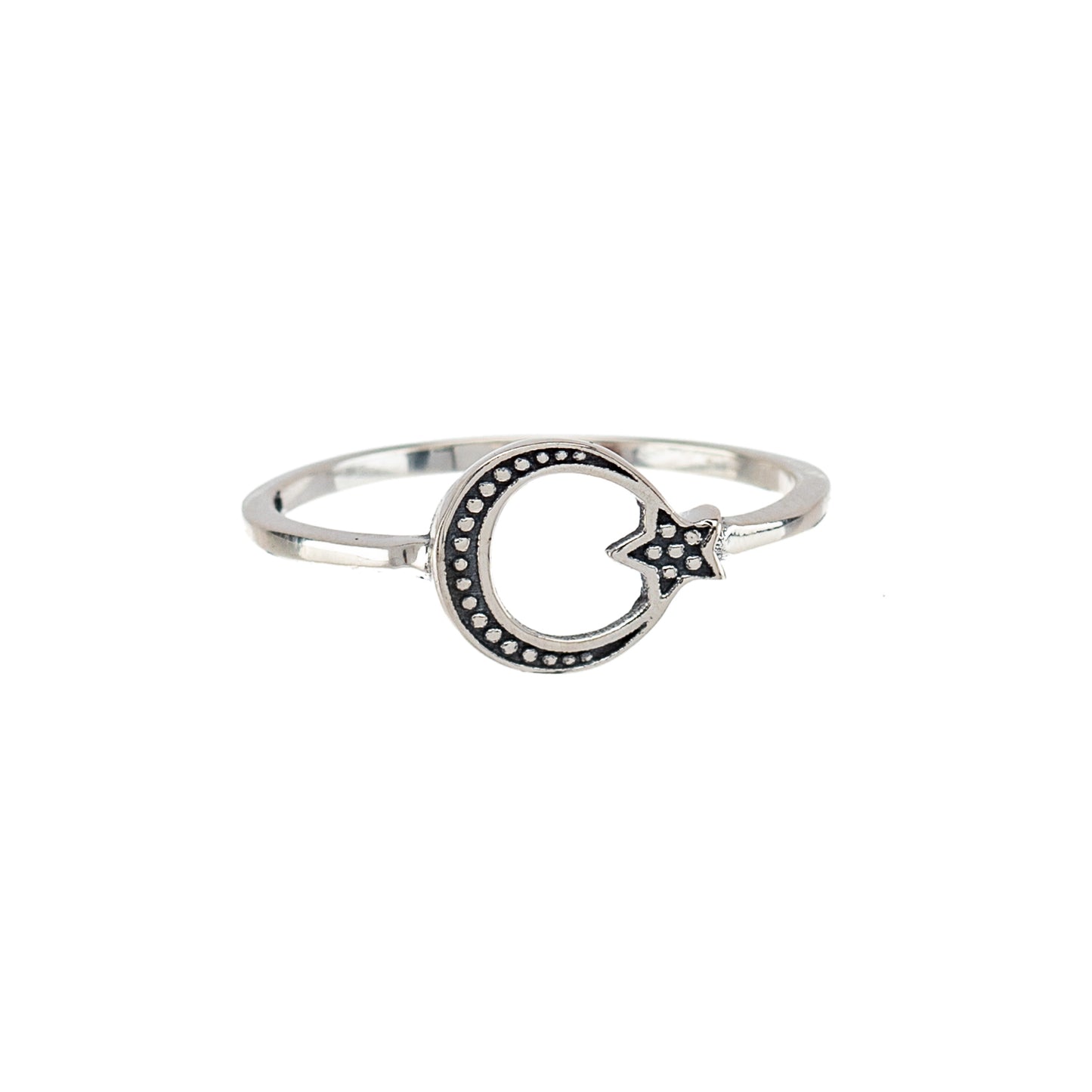 Sterling Silver Oxidized Moon & Star Ring