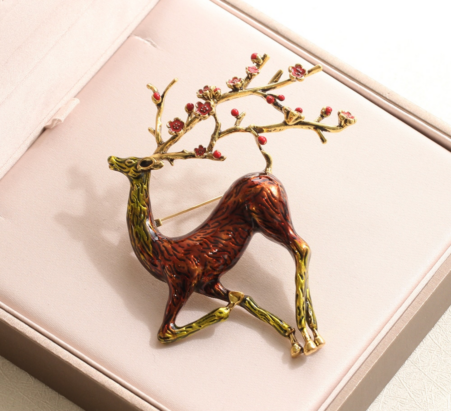 Deer & Red Floral Antlers Brooch