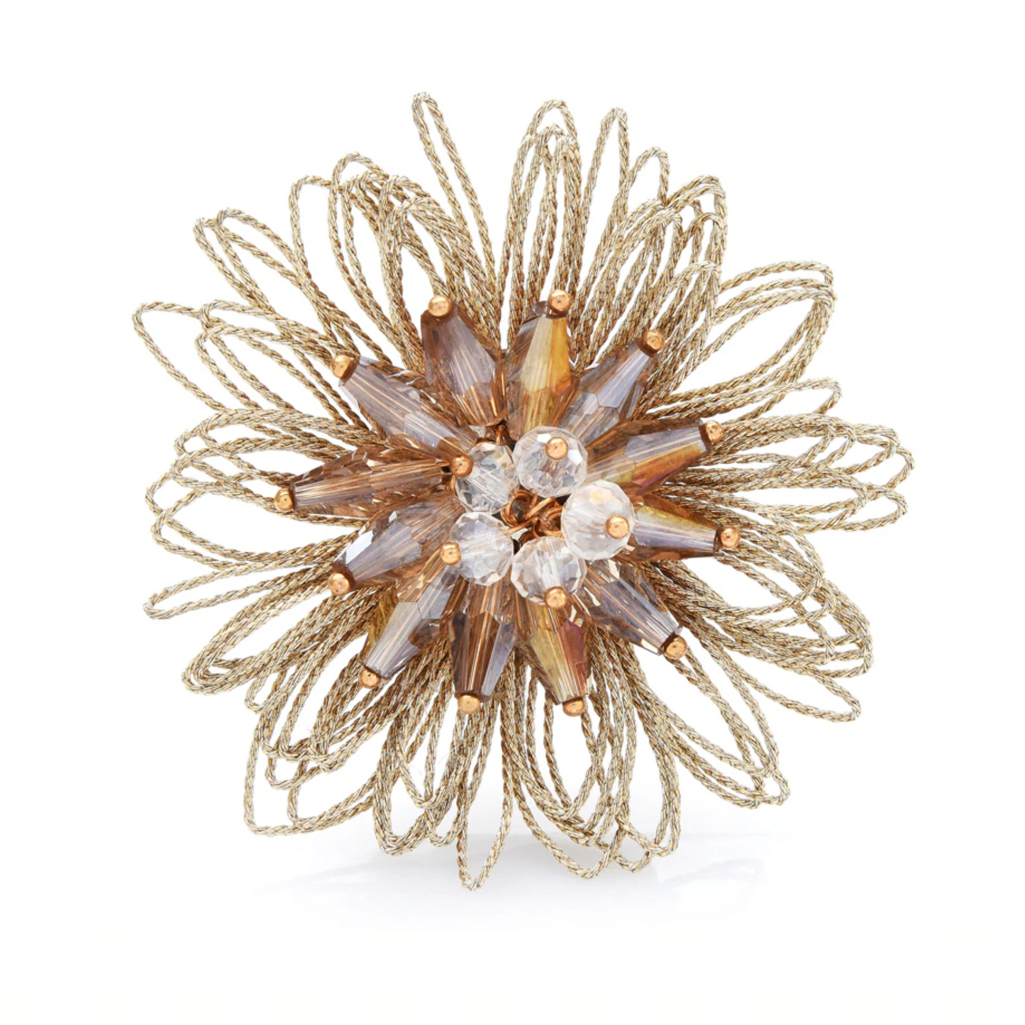 Gold Crystal Floral Brooch with Looped Metallic Design – Statement Jewellery Accessory