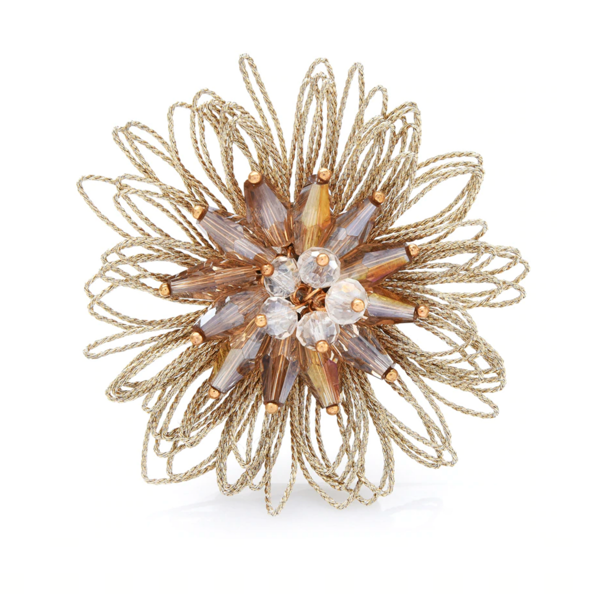 Gold Crystal Floral Brooch with Looped Metallic Design – Statement Jewellery Accessory