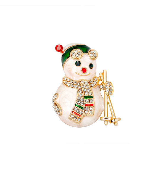 White & Crystal Skiing Snowman Brooch