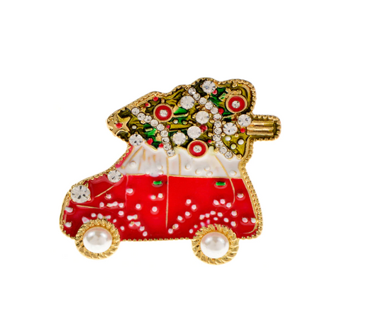 Red Car With Christmas Tree Brooch