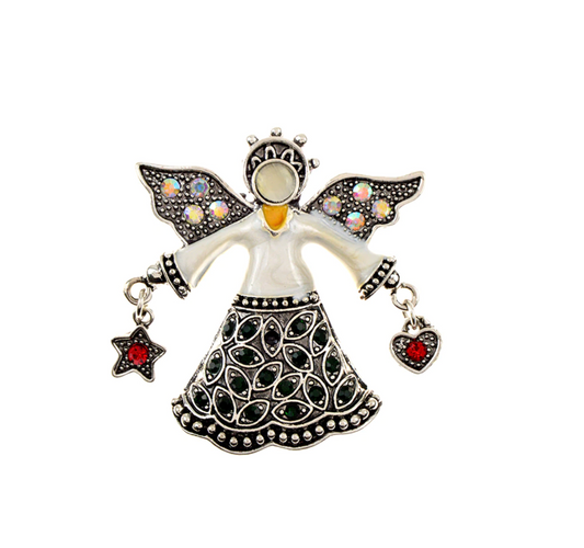 White & Black Crystal Angel Brooch