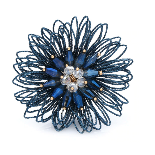 Navy Blue Crystal Floral Brooch with Looped Thread Detailing – Elegant Statement Pin
