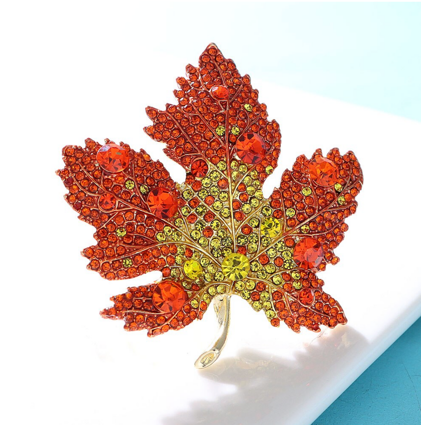 Orange & Yellow Crystal Maple Leaf Brooch