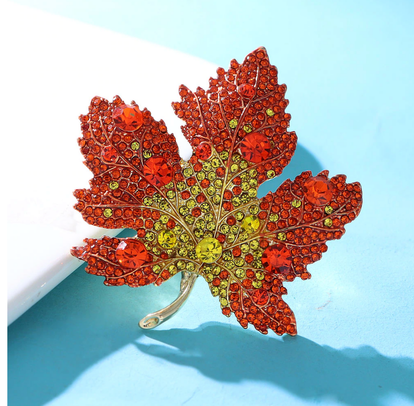 Orange & Yellow Crystal Maple Leaf Brooch