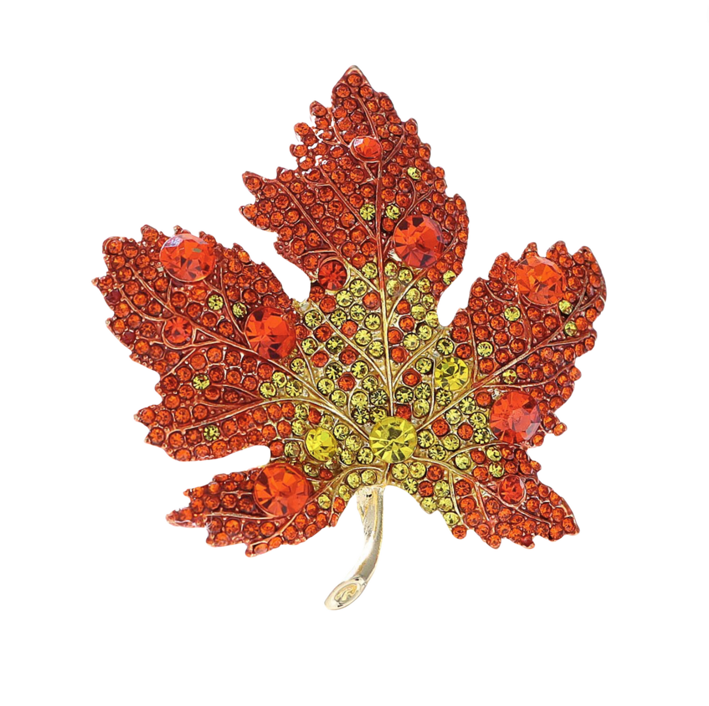 Orange & Yellow Crystal Maple Leaf Brooch