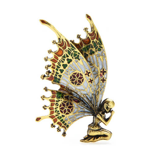 Vintage Brass Orange & Green Winged Fairy Brooch