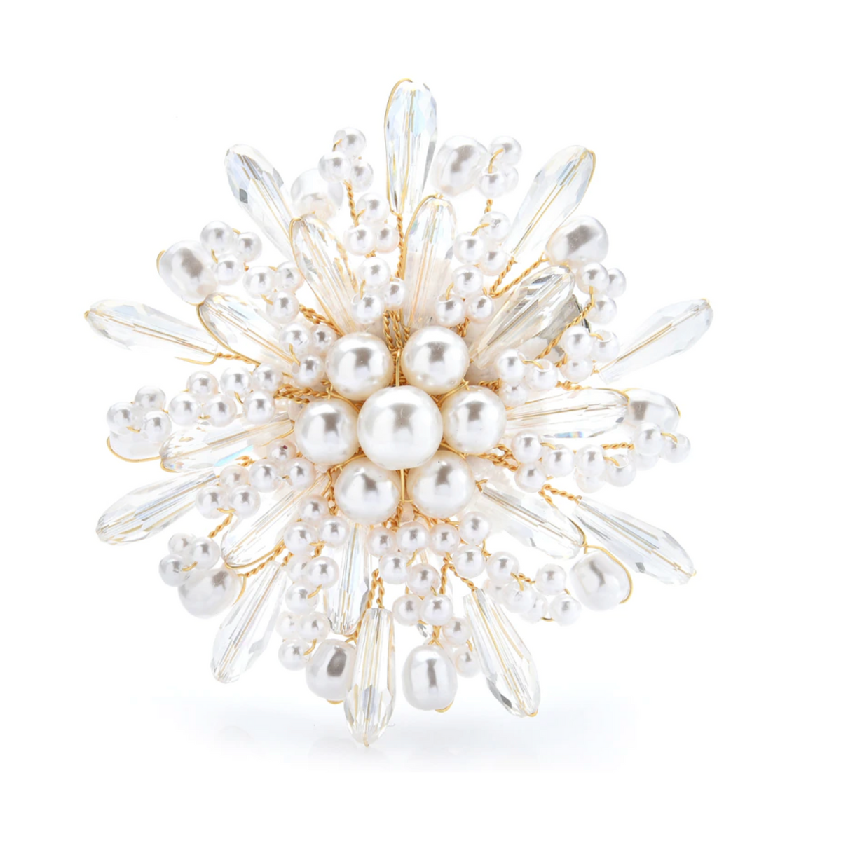 Pearl and Crystal Floral Brooch with Gold-Tone Detailing – Statement Jewellery Accessory