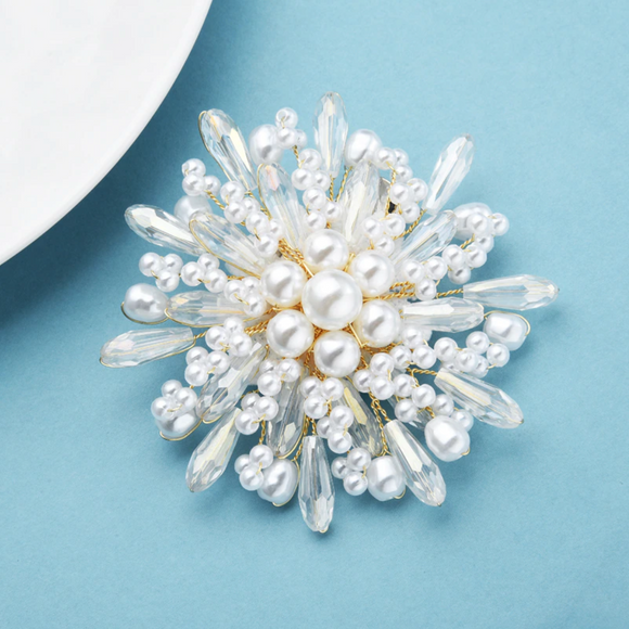 Imitation Pearl Clustered Snowflake Brooch