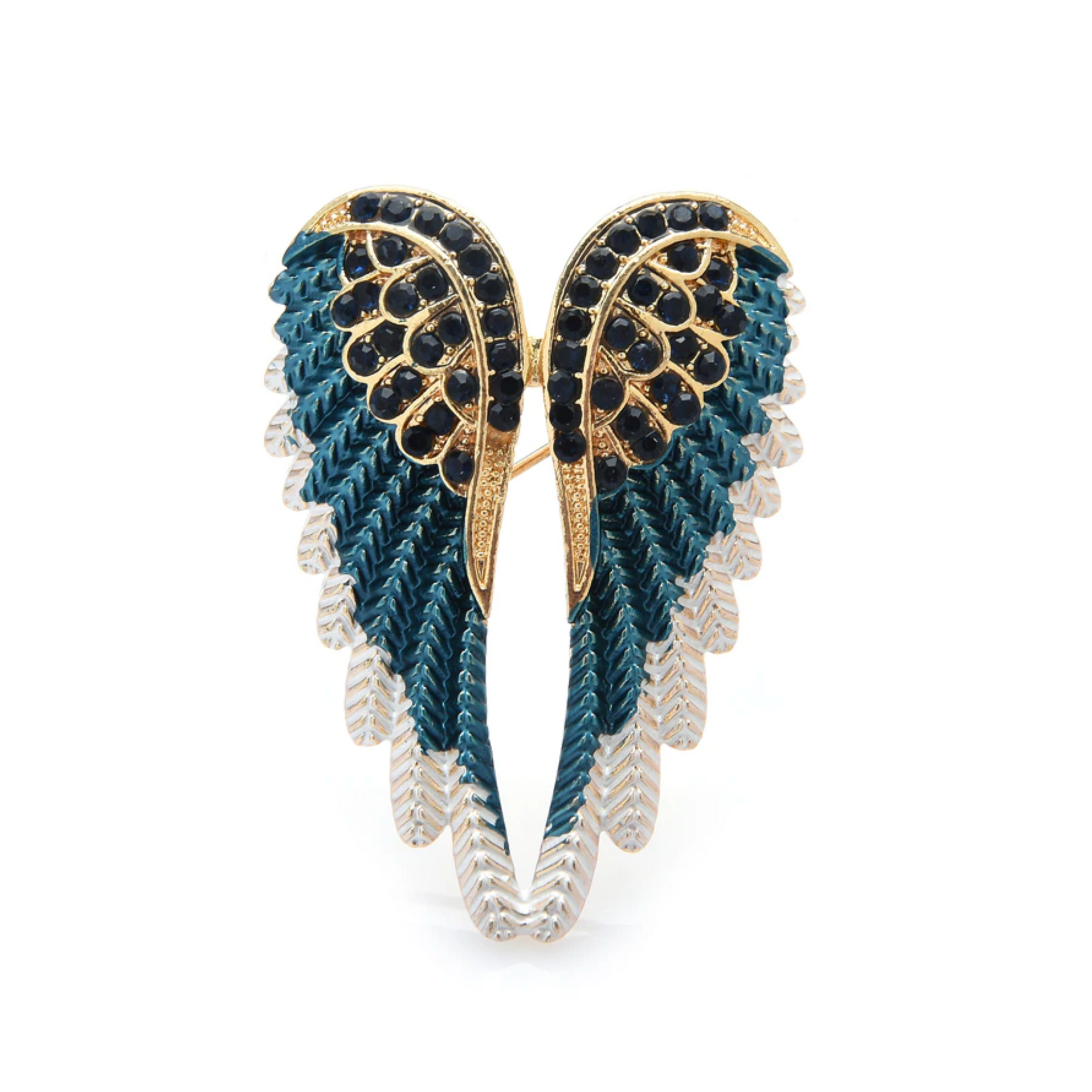 Navy Crystal Angel Wing Brooch with Gold-Tone Detail – Elegant Statement Jewellery Accessory