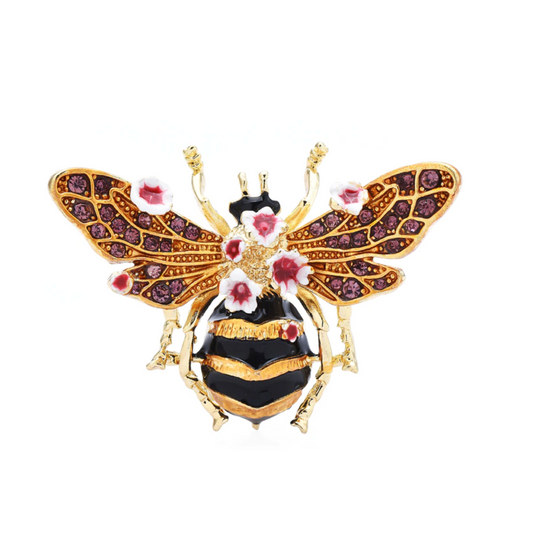 Goldtone & Purple Crystal Bee Floral Brooch