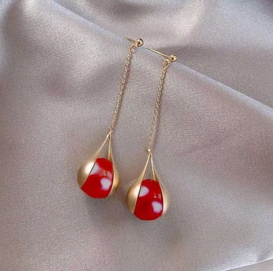 Goldtone & Red Ball Drop Earrings