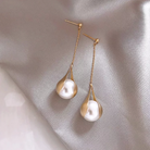 White and Gold-Tone Teardrop Pearl Drop Earrings with Chain Detail – Elegant Statement Jewellery