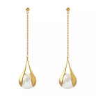 Gold-Tone Teardrop Pearl Drop Earrings with Chain Detail – Elegant Statement Jewellery