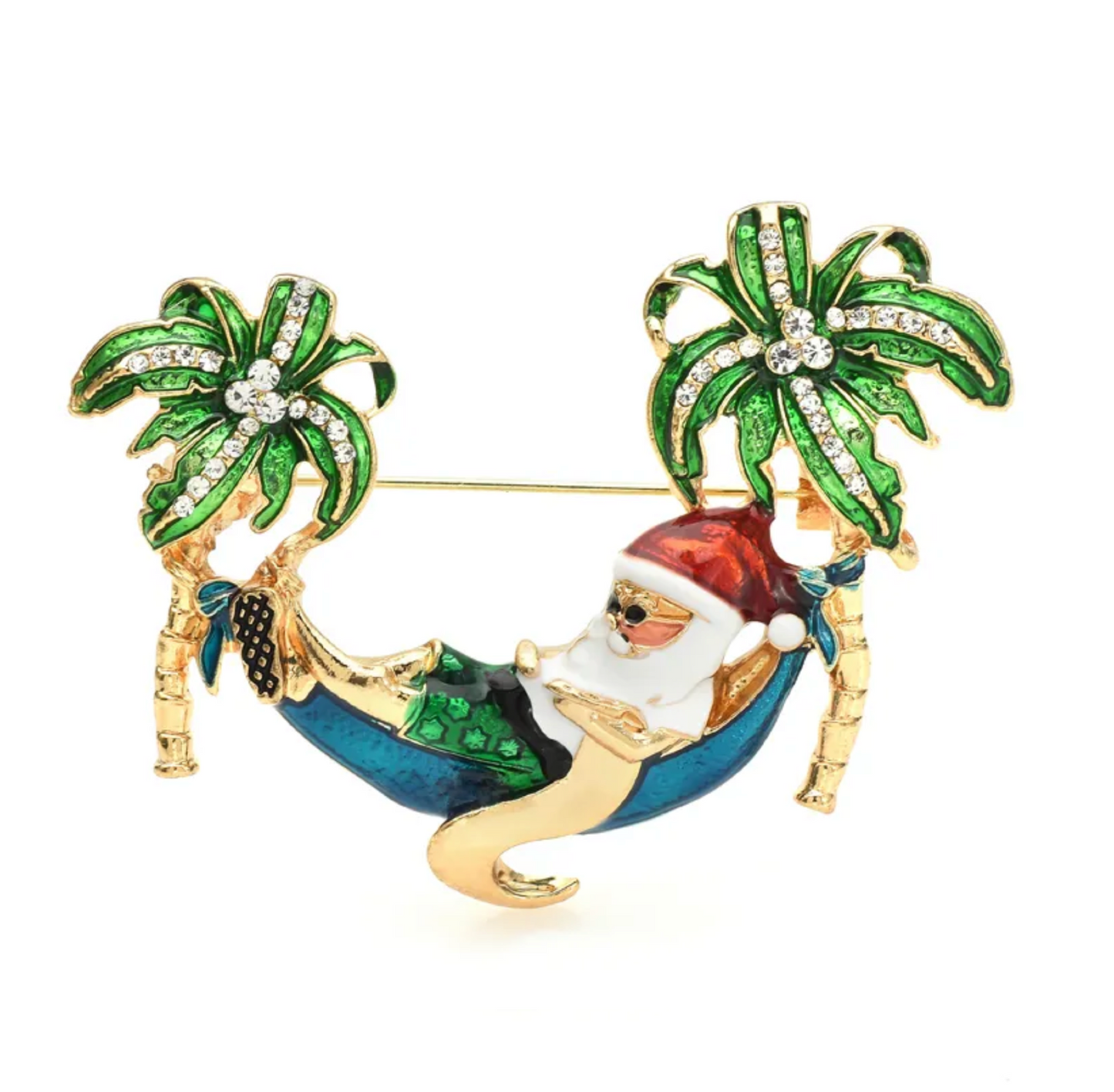 Goldtone & Green Tropical Santa on Vacation Brooch