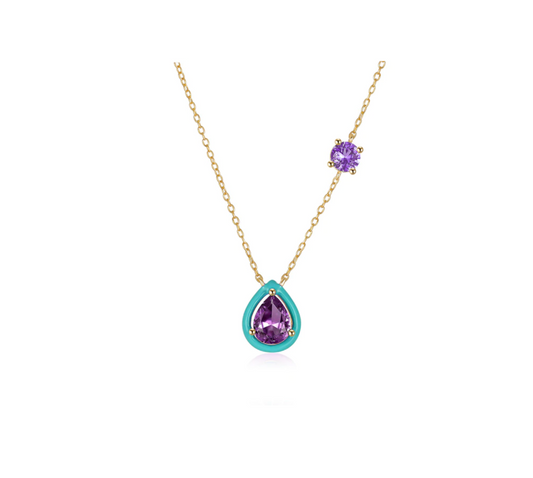 Sterling Silver 18k Gold-Plated & Purple Cubic Zirconia Teardrop Pendant Necklace with Green Accent