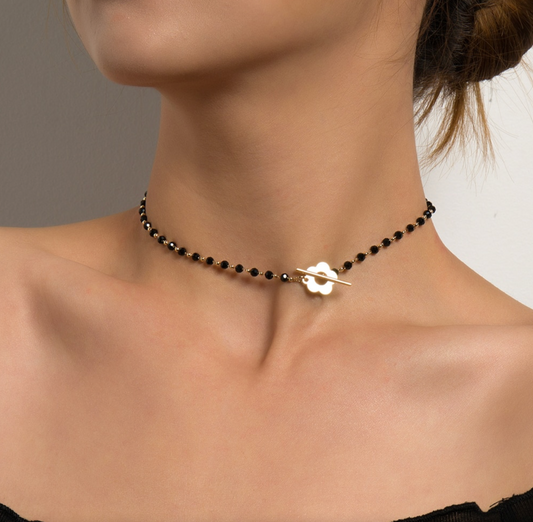 Black Crystal & Goldtone Beaded Daisy-toggle Choker