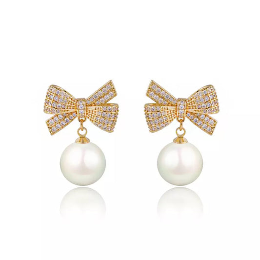 Cubic Zirconia & Imitation Pearl Bow Drop Earrings White