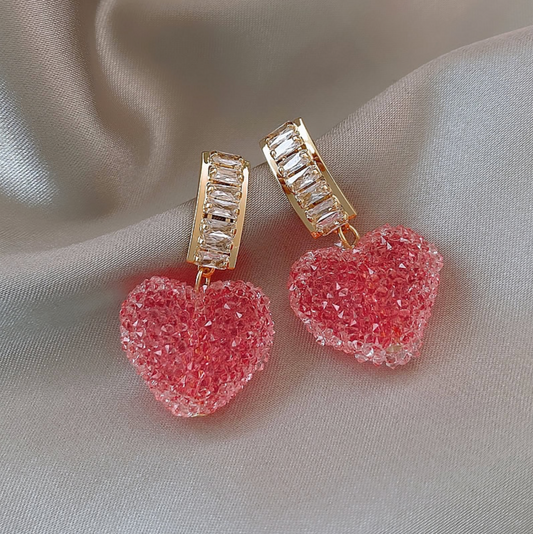 Cubic Zirconia & Pink Heart Channel Set Hoop Earrings