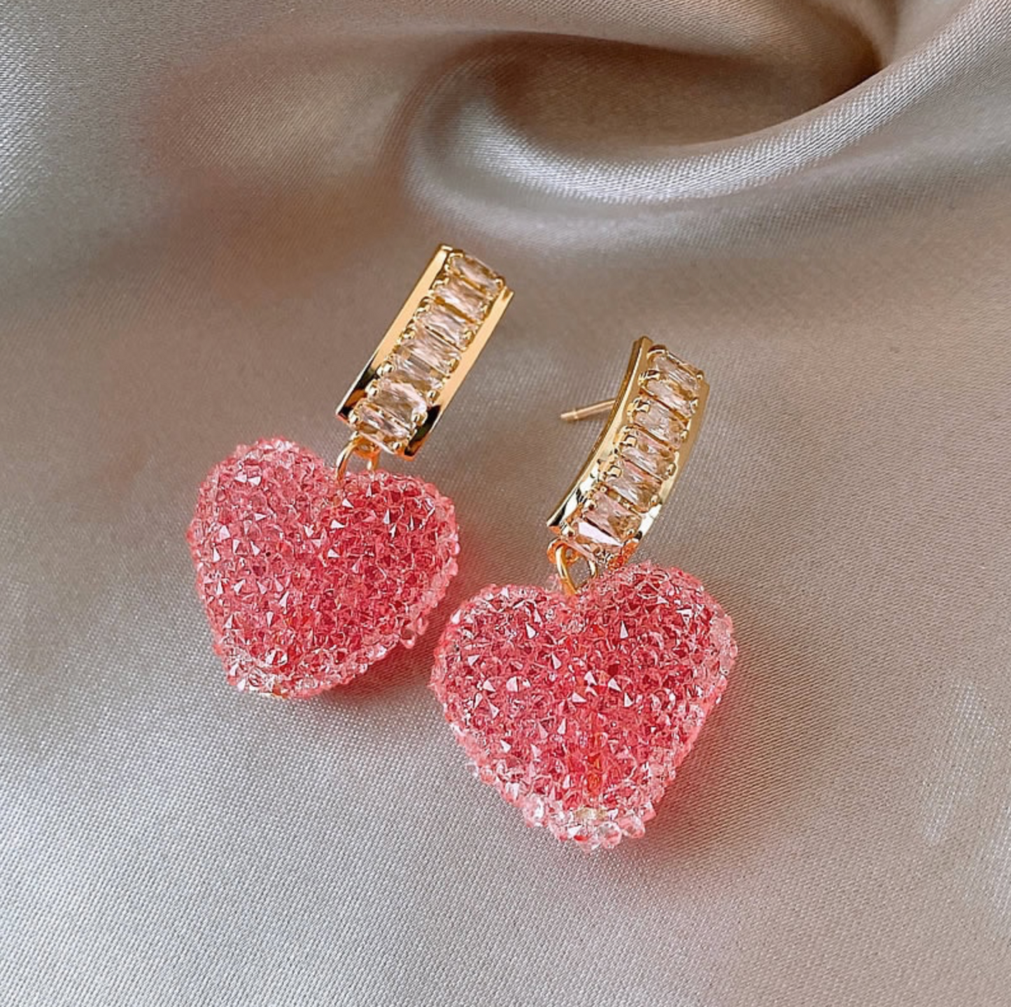 Cubic Zirconia & Pink Heart Channel Set Hoop Earrings