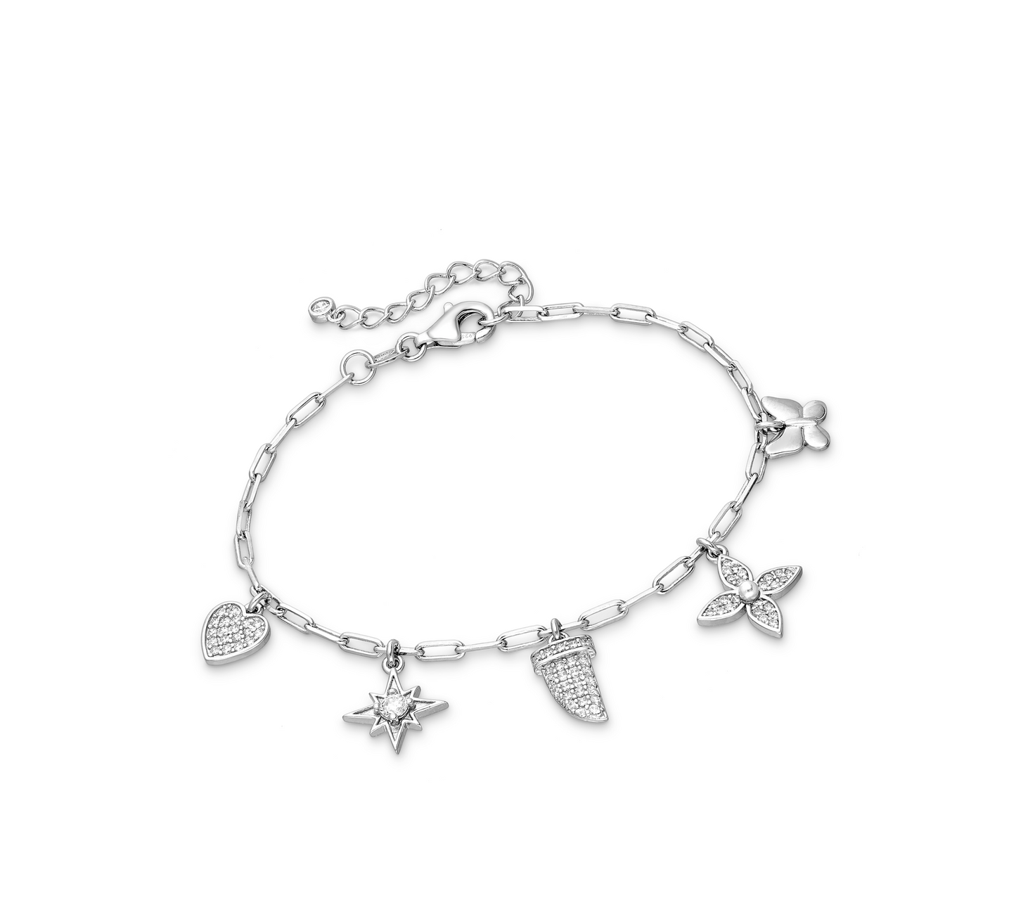 Sterling Silver & Cubic Zirconia Pavé Floral Star Heart Charm Bracelet