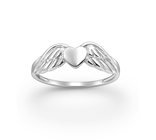 Sterling Silver Heart Angel Wings Ring