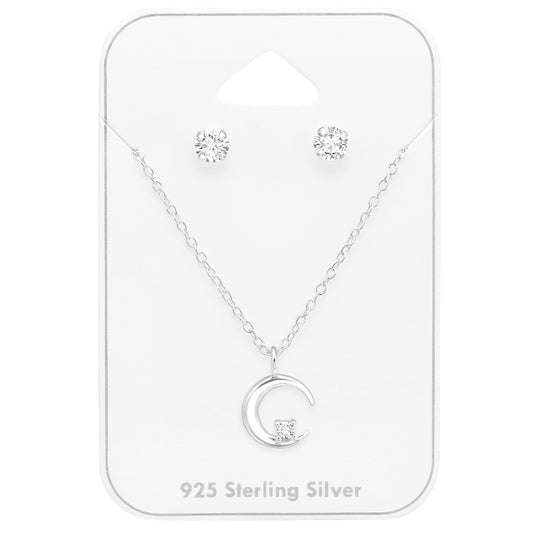 Sterling Silver Clear Cz Stud With Dainty Crescent Moon Pendant Necklace - Ag Sterling