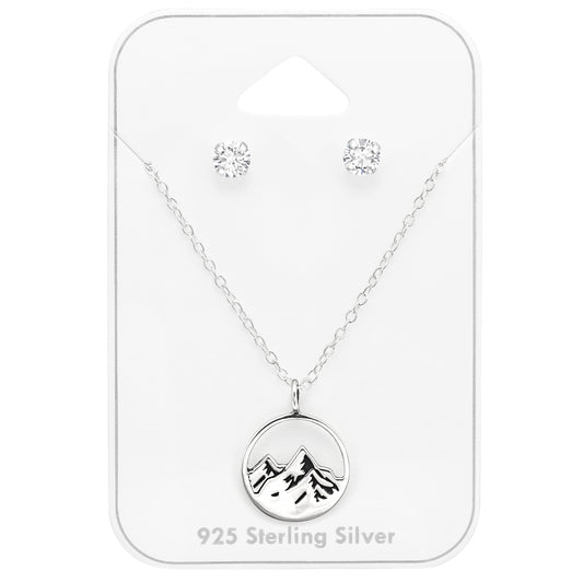 Sterling Silver Clear Cz Stud With Dainty Mountain Pendant Necklace - Ag Sterling