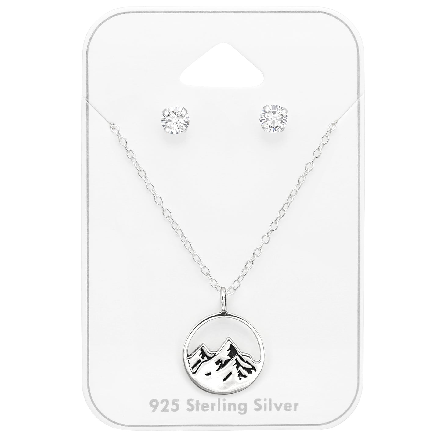 Sterling Silver Clear Cz Stud With Dainty Mountain Pendant Necklace - Ag Sterling