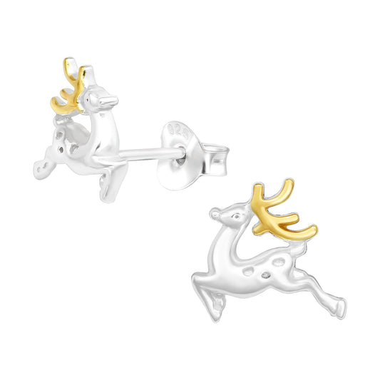 18k Gold-Plated & Sterling Silver Springing Reindeer Stud Earrings