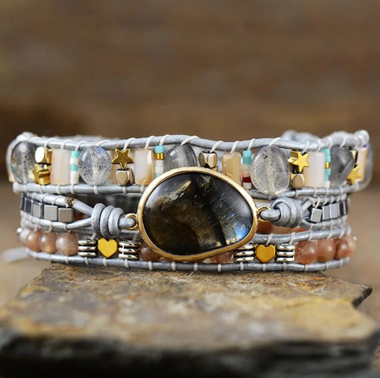 Grey & Goldtone Labradorite Gemstone Wrap Celestial Bracelet