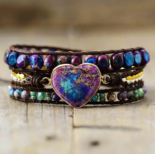 Purple Jasper Heart & Beaded Gemstone Wrap Bracelet