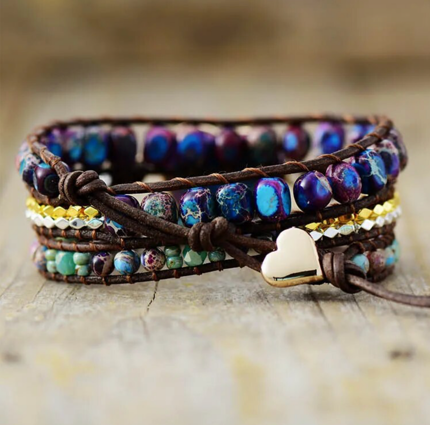 Purple Jasper Heart & Beaded Gemstone Wrap Bracelet