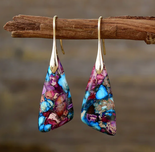 Goldtone Purple & Blue Imperial Jasper Geometric Drop Earrings