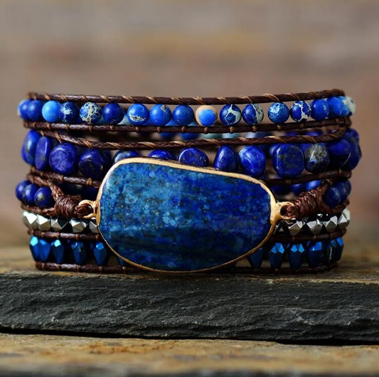 Goldtone & Blue Lapis Lazuli Beaded Oval Gemstone Wrap Bracelet