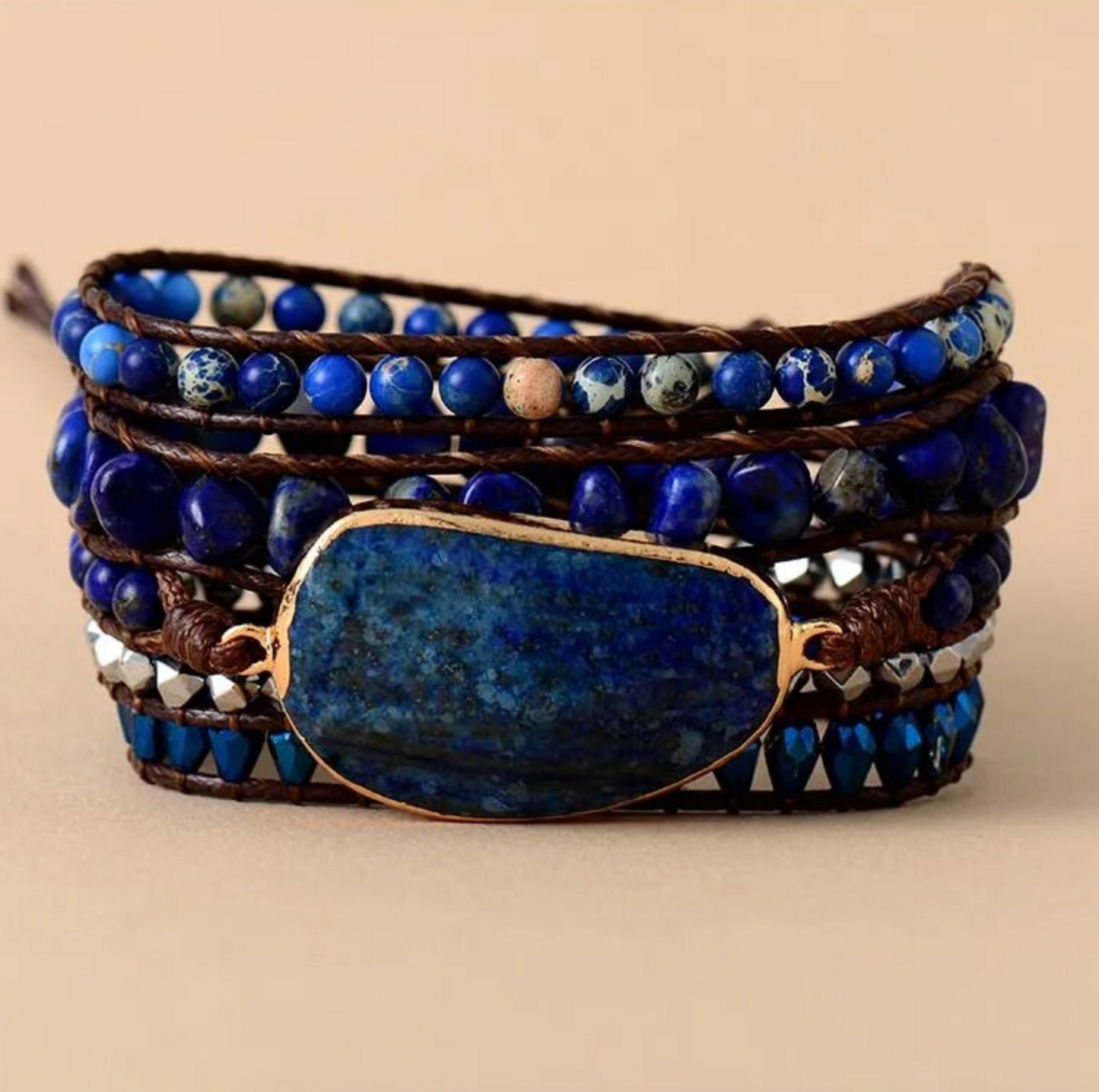 Goldtone & Blue Lapis Lazuli Beaded Oval Gemstone Wrap Bracelet