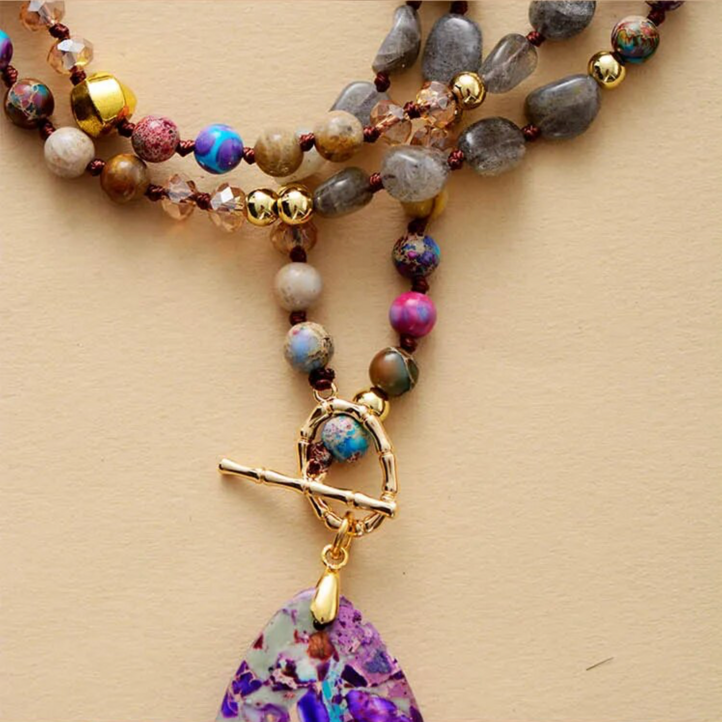 Goldtone Purple Terrazo Oval Jasper & Agate Beaded Long Toggle Necklace