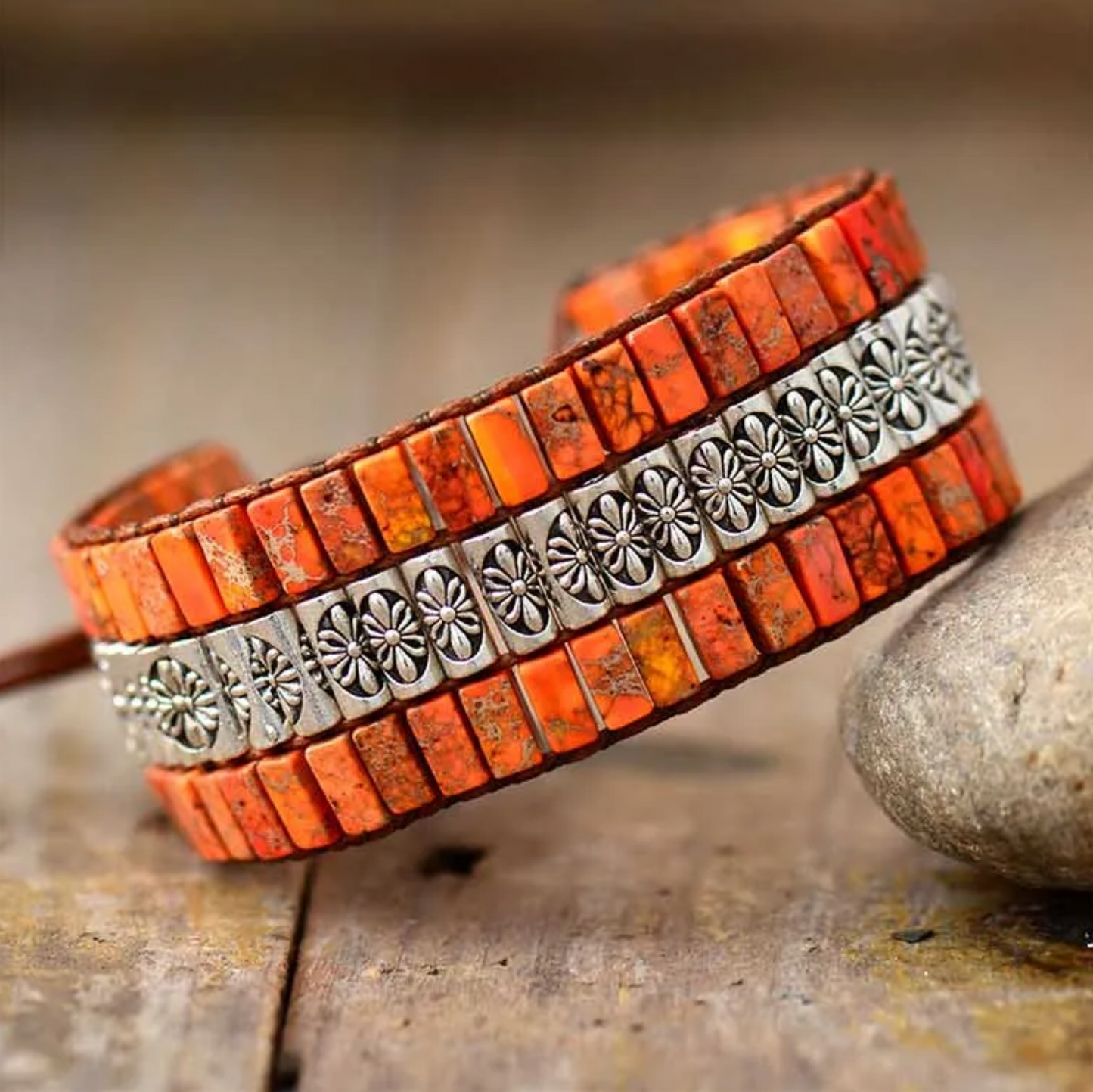 Silvertone Floral & Orange Jasper Triple Row Gemstone Bracelet