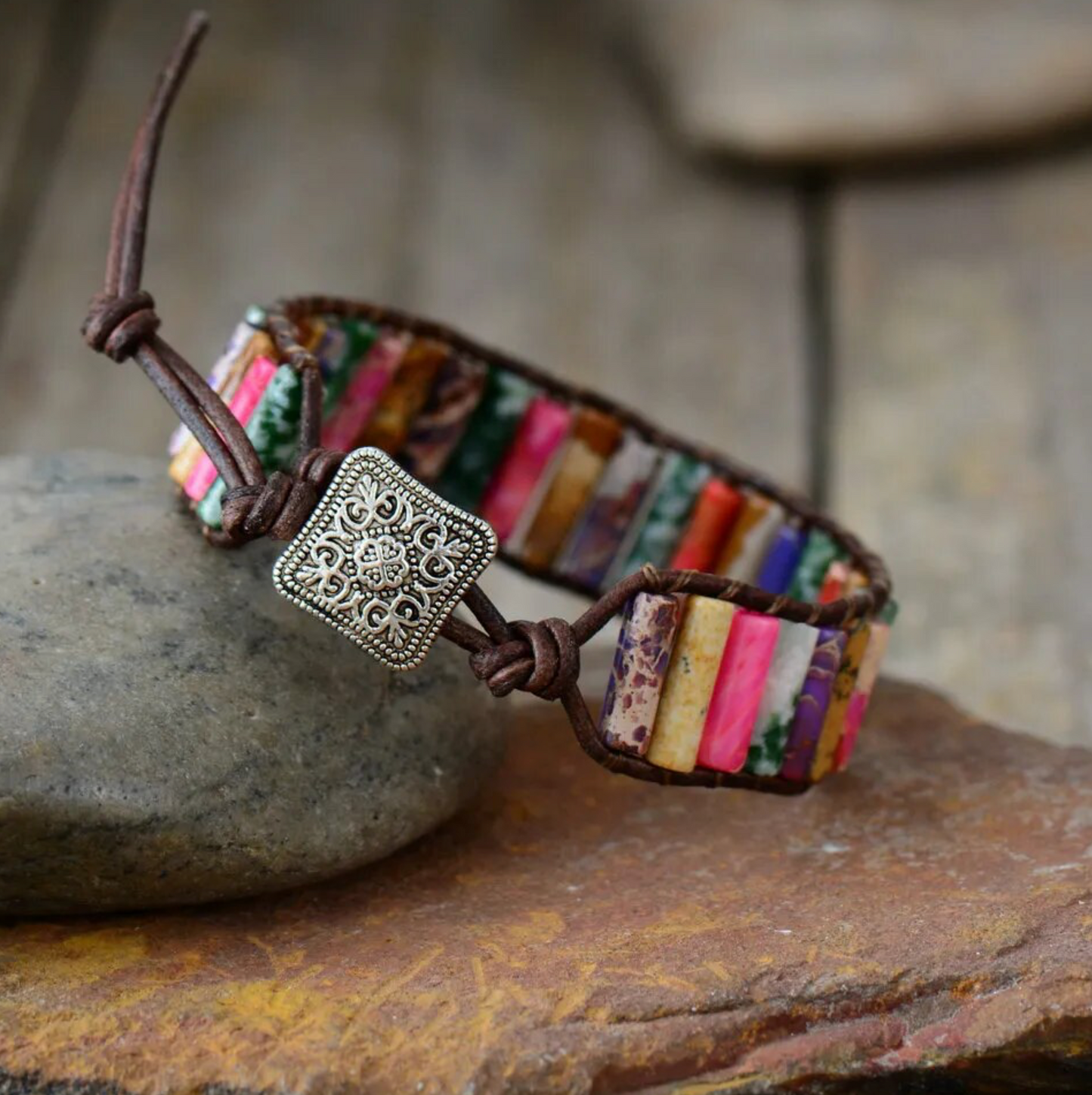 Rainbow Jasper & Agate Tubular Gemstone Adjustable Bracelet