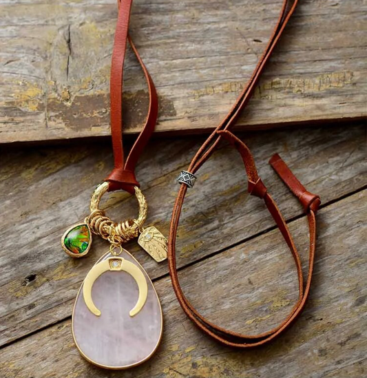 Leather Rose Quartz Teardrop & Goldtone Celestial Necklace