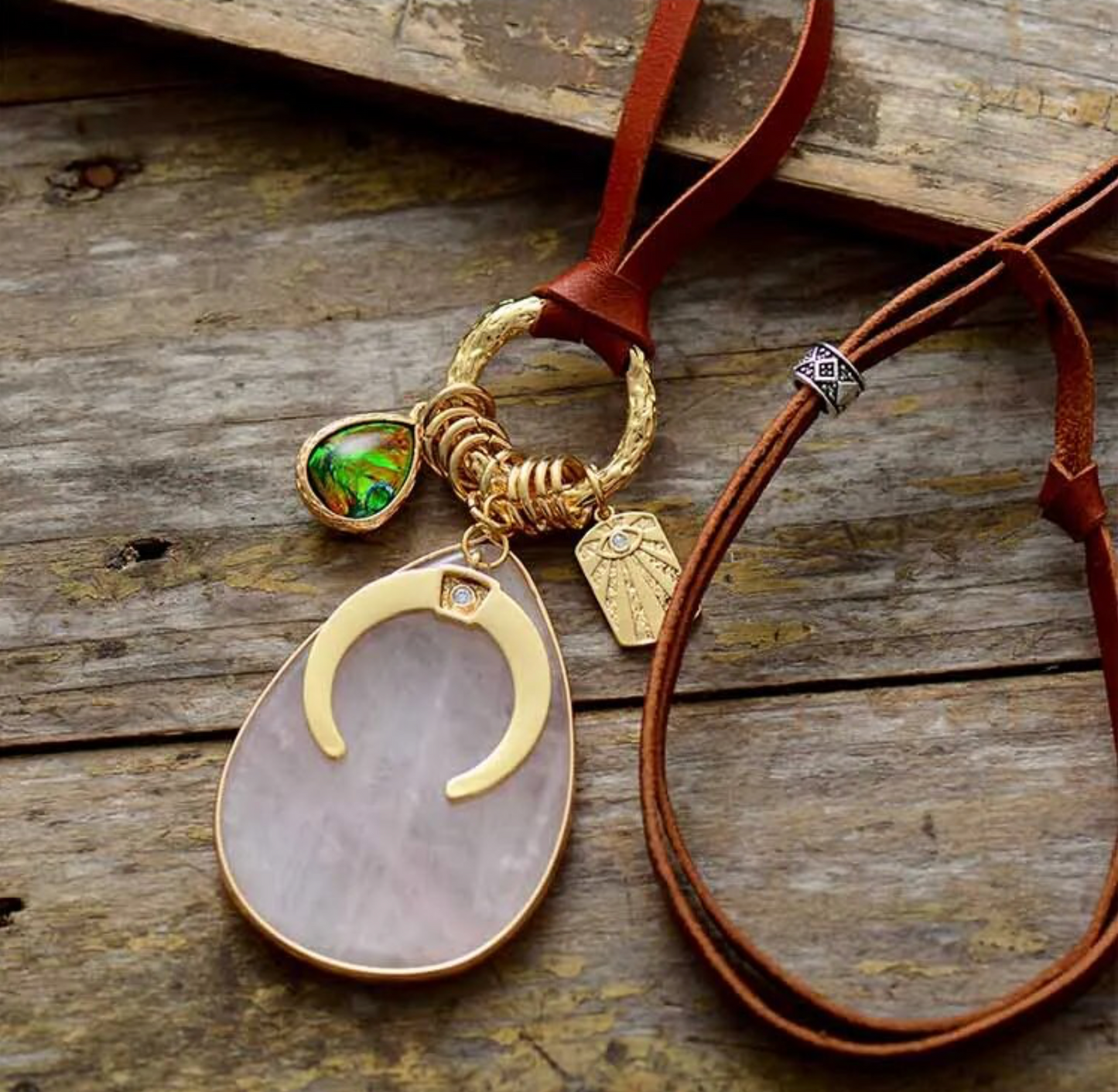 Leather Rose Quartz Teardrop & Goldtone Celestial Necklace