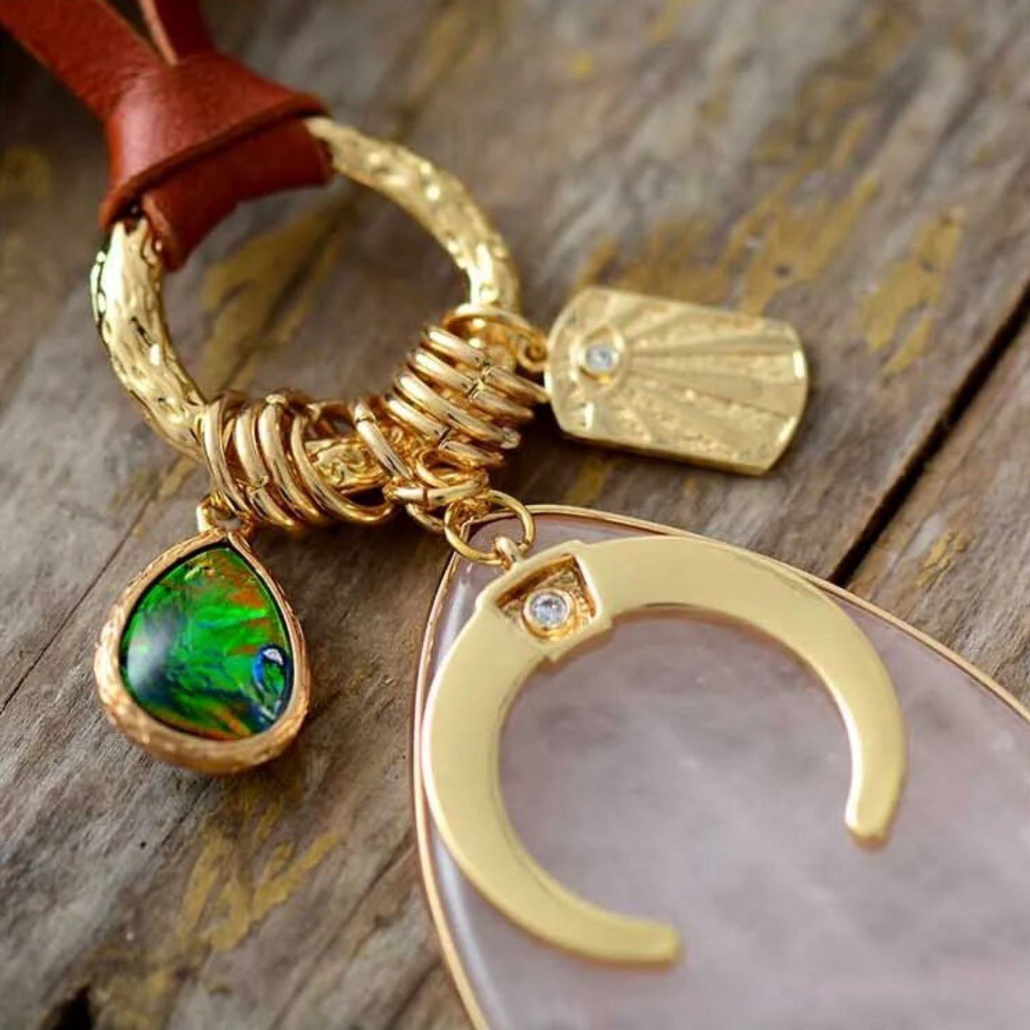 Leather Rose Quartz Teardrop & Goldtone Celestial Necklace