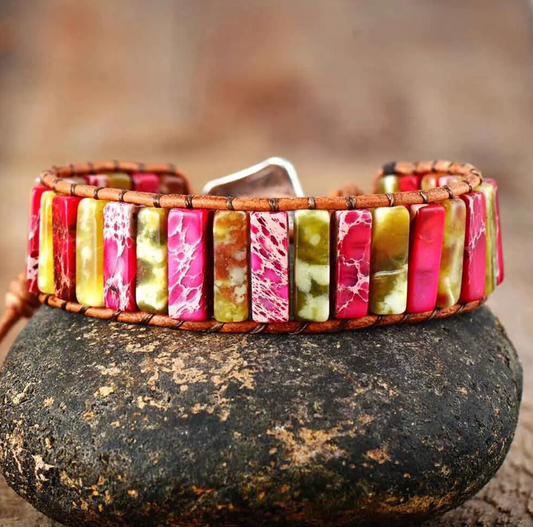 Pink & Green Jasper Bar Gemstone Adjustable bracelet