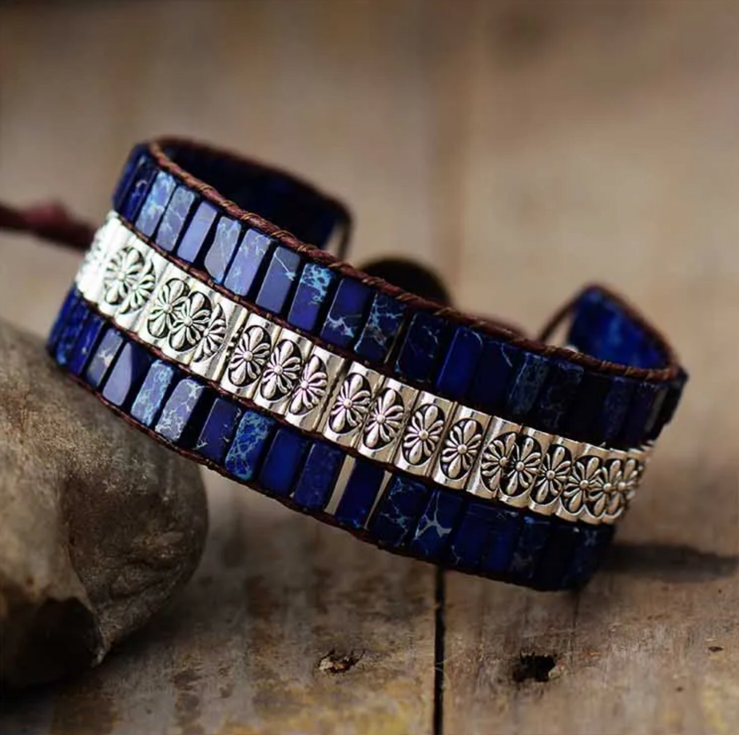 Lapis & Silvertone Floral Gemstone Triple Row Bracelet