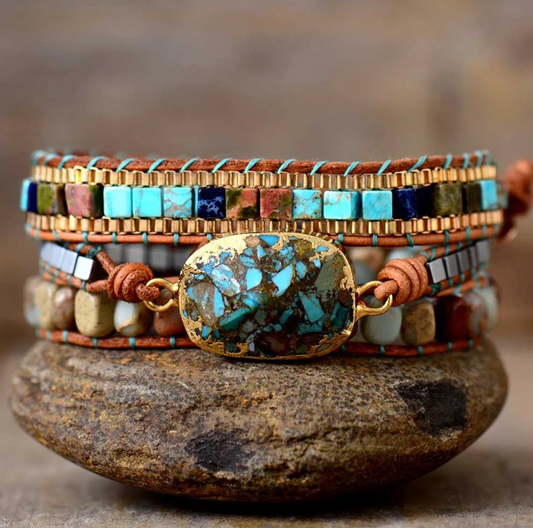 Goldtone & Turquoise Imperial Jasper Oval Gemstone Wrap Bracelet
