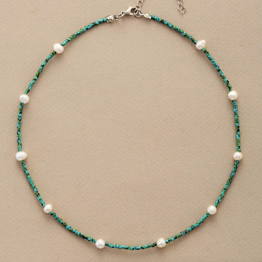 Aqua & Green Seed Bead and Freshwater Pearl Choker Necklace